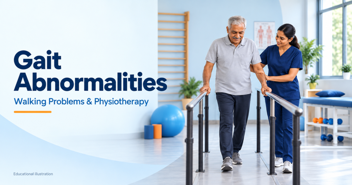 Gait abnormalities cover showing supervised walking rehabilitation with parallel support rails.