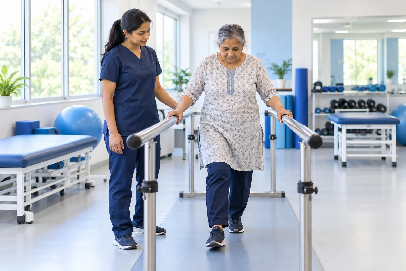 Physiotherapist guiding a patient through gait training