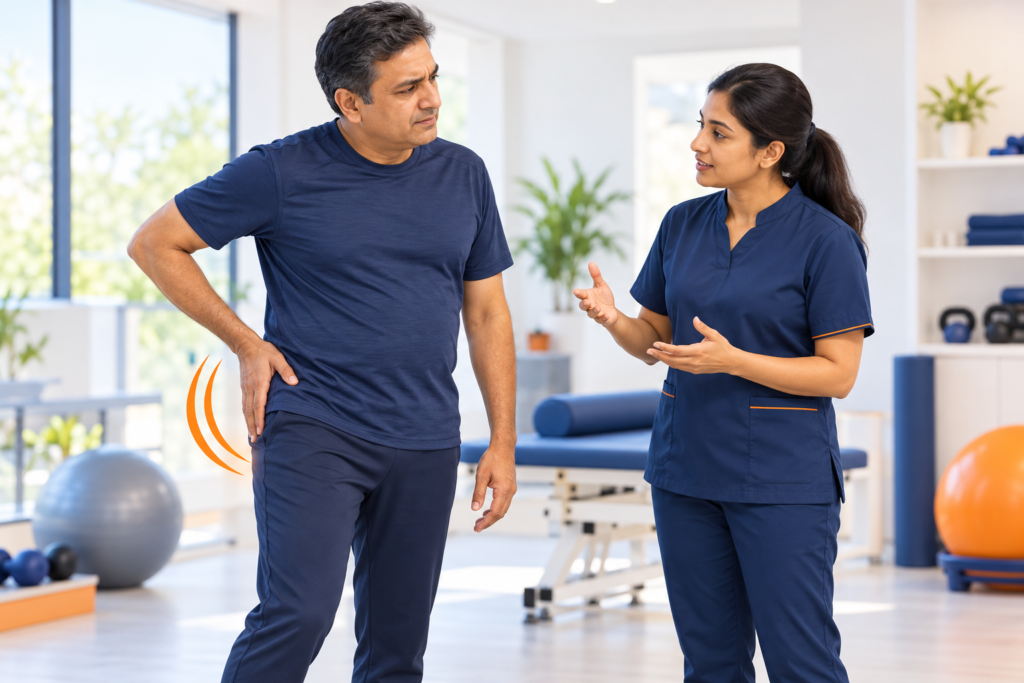 Illustration of an adult discussing hip discomfort with a physiotherapist